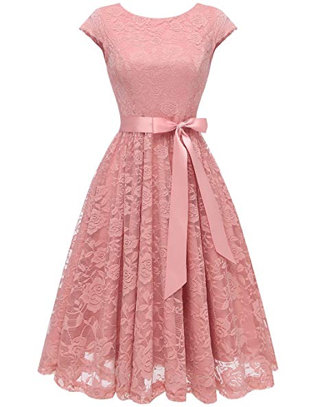 BeryLove Women's Floral Lace Short Bridesmaid Dress Cap Sleeve Cocktail Party Dress