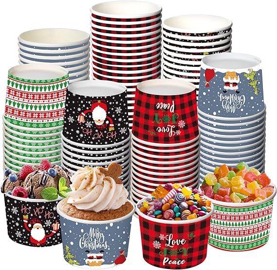 Nuanchu 100 Pack 9 oz Christmas Treat Snack Cups Holiday Xmas Disposable Dessert Bowls Buffalo Plaid Paper Ice Cream Cups Soup Cups for Hot or Cold Food Christmas Party Supplies