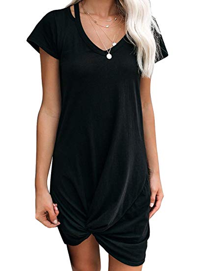 EVALESS Womens Tshirt Dresses V Neck Short Sleeve Side Knot Mini Dress