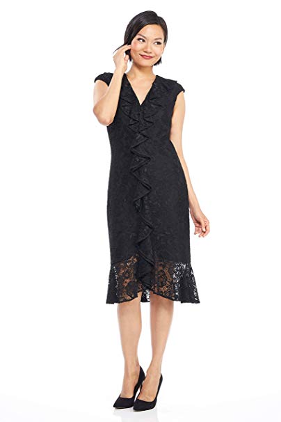 Maggy London Women's Lace Cocktail Sheath with Center Front Cascade Ruffle