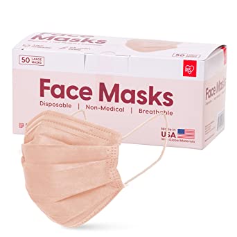 IRIS USA Made in USA Disposable Face Masks - Premium 3Ply Masks for Adults - Breathable & Comfortable - Soft Earloops, Beige 50 Pack (251055)