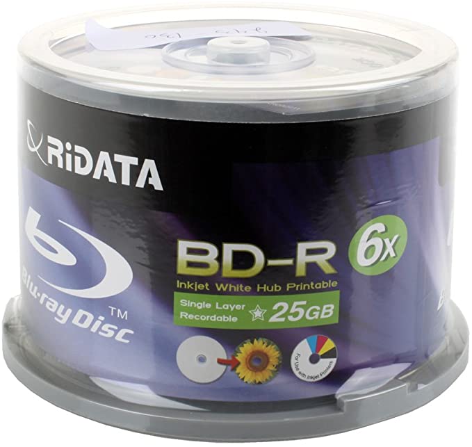 Ridata BD-R 6X 25GB Blu-ray Media White Inkjet Hub Printable Disc, Pack of 50