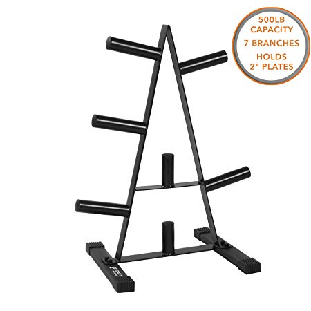 Day 1 Fitness Olympic Weight Plate Rack, Holds up to 500lb of 2” Weights by D1F - Black Weight Holder Tree with 7 Branches for Stacking and Storing High Capacity Weights- Heavy-Duty