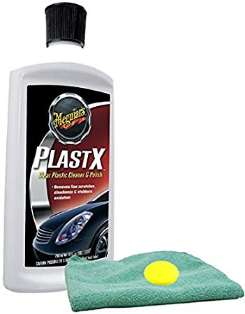 Meguiar's PlastX Clear Plastic Cleaner & Polish (10 oz) Bundle With Microfiber Cloth & Foam Pad (3 Items)