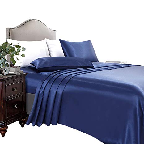 ARTALL Silky Super Soft 4 Piece Deep Pocket Satin Sheet Set, Queen Size Blue