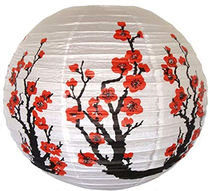 Just Artifacts Red Sakura (Cherry) Flowers White Color Chinese/Japanese Paper Lantern/Lamp 16" Diameter - Just Artifacts Brand