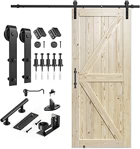 SMARTSTANDARD 36in x 80in Sliding Barn Door with 6.6ft Barn Door Hardware Kit Included, Unfinished Solid Spruce Wood Door, Assembly Required, DIY, Stainable, Natural