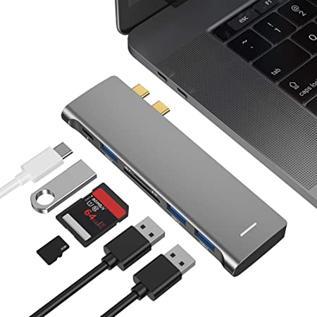 USB C Hub Adapter Dongle for MacBook Pro 2019-2016 16”,15”,13”, MacBook Air 2019/2018, Type C Multi Port Hub with 3 USB 3.0, 100W PD, Thunderbolt 3 Port and SD/Micro Card Readers