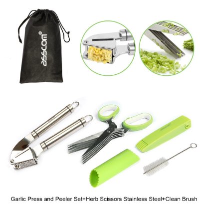 Asscom 3-In-1 Garlic Press and Peeler Set Herb Scissors Stainless Steel Clean Brush,Garlic Press slicer Stainless Steel Mincer and Silicone Tube Roller,Herb Scissor