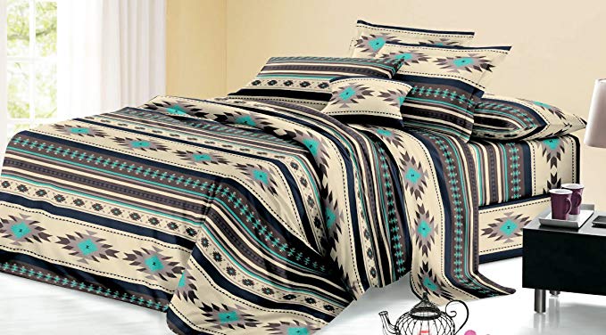 Rustic Western Southwest Native American Design 4 Piece Sheet Set Navajo Print Multicolor Ivory Turquoise Blue black and Grey 17426 Queen Brown/Turquoise Sheet Set