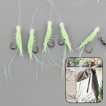 Relefree® 1Pack Sabiki 5 Shrimp Rigs Glitter Glow in the dark Fish Saltwater Fishing Bait Baits Lure Catch Catching Size16 Hook Tackel New