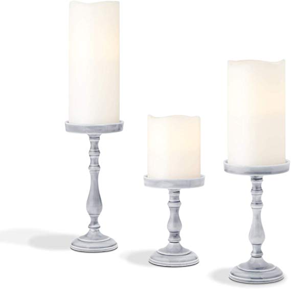 Pillar Candle Holder Set of 3 - Rustic Farmhouse Candleholders in 5, 6.5 and 8 Inch Tall, Grey Ceramic Finish, for Coffee Table Decor, Wedding Centerpieces, and Holiday Decoration