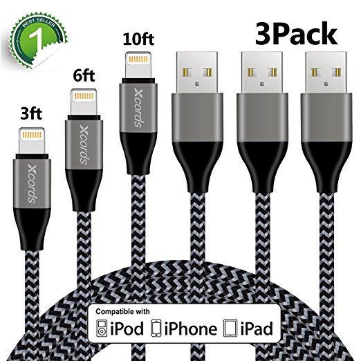 iPhone Charger, Xcords Lightning Cable 8 Pin iPhone Charging Cable Cord 3FT 6FT 10FT Compatible with iPhone X 8 8Plus 7 7Plus 6s 6sPlus 6 6Plus SE 5 5s 5c iPad iPod & More (black,3pack)