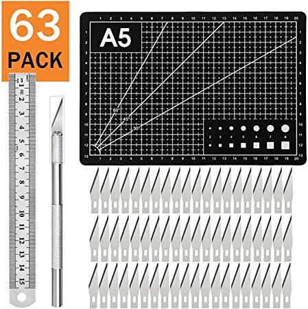 Craft Knife Carving Craft Exacto Knife Kit 60PCS Carving Blades with 1PC Craft Knifes,1PC A5 Self Healing Cutting Mat,1PC Steel Ruler for Arts DIY,Scrapbooking,Hobby Jetmore