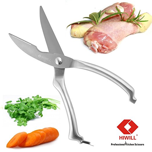 Hiwill Stainless Steel Kitchen Scissors Professional- Heavy Duty Spring Loaded Meat Shears with Safety Clip - Clever Cutter for Poultry, Bone, BBQ, Beef & Vegetable - Must have for Kitchen and Great Gift Option!