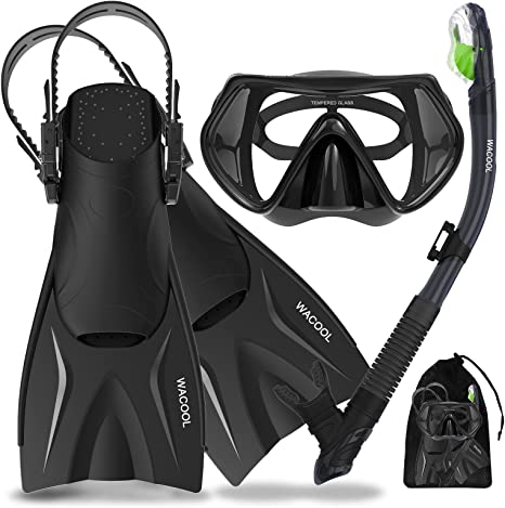 WACOOL Adults Child Teens Snorkeling Snorkel Scuba Diving Package Set Gear with Adjustable Short Swim Fins Anti-Fog Coated Glass Silicon Mouth Piece Purge Valve (Black/XS)
