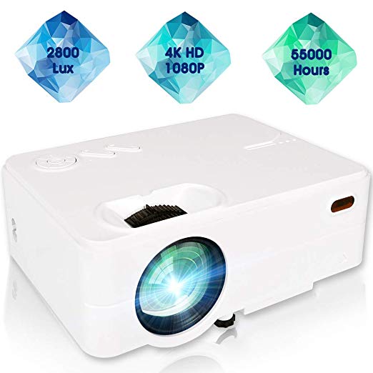 Mini Projector, 1080P Portable Projector with 55,000 Hrs, 180" Display 2800L Movie Projector for Outdoor Use, Home Theater Projector Compatible with Laptop, Phones, PS4, TV Stick, HDMI, VGA,TF,AV, USB