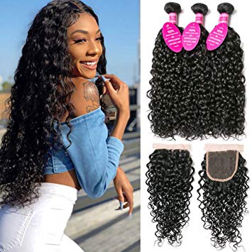Younsolo Water Wave Bundles with Closure (16 18 20  14) Wet and Wavy Brazilian Virgin Human Hair 3 Bundles with 4x4 Lace Closure with Baby Hair Free Part 1B# Curly Wave Human Hair Extension