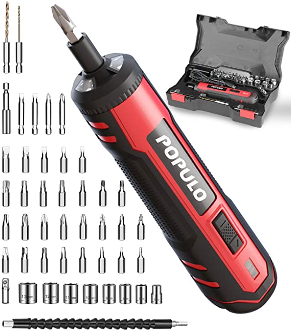 4V Cordless Electric Screwdriver Kit,1500mAh USB Rechargeable Battery and a Built-In LED Light, 32 pieces 1/4 in HEX Screwdriver Bits 1 piece Extension Holder and Storage Toolbox,Populo CSL-4000