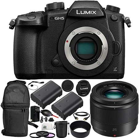 Panasonic Lumix DC-GH5 Mirrorless Digital Camera & LUMIX G 25mm f/1.7 Lens 15PC Bundle. Includes Manufacturer Accessories   2 Replacement BLF19 Batteries   More - International Version (No Warranty)