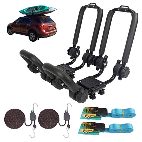 YUANSHI Upgraded Double Folding Kayak Rack J-Bar Car Roof Rack for Canoe Carrier Paddle Board Surfboard Mount on Car SUV Crossbar with 2 Pcs 10Ft S-Hook Rated Ratchet Pulley Straps & Ratchet Straps