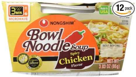 NongShim Bowl Noodle, Spicy Chicken, 3.03-Ounce Bowls (Pack of 12)