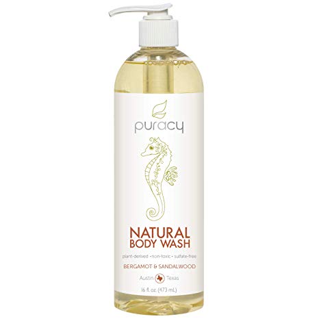 Puracy Natural Body Wash, Sulfate-Free Bath and Shower Gel, Bergamot & Sandalwood, 16 Ounce