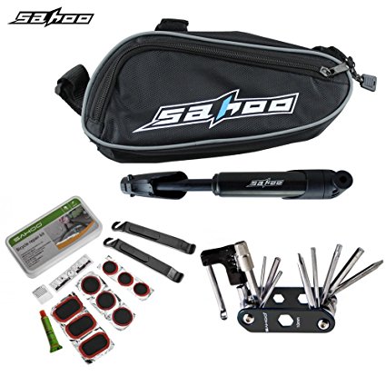 Topc 14 in 1, Multifunctional, Sahoo Bicycle Tire Repair Tools Set Bike Cycling Maintenance Complete Kits Accessories with Patches Levers Pouch Glue Mini Portable Pump and Saddle Bag