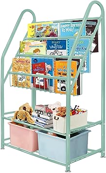 aboxoo Metal Kids Bookshelf Green Freestanding for Children Room 32 in Toy Organizer Large White Stable Bookcase Bookstore Library Book Unit Storage