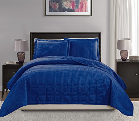 Mk Collection 3 pc Geo Bedspread Bed-cover Quilted Embroidery solid Royal Blue New King/California King Over Size 118"x106"