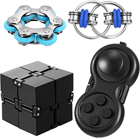 4 Pieces Fidget Toy Set Include Six Roller Chain, Fidget Key Infinity Cube Flippy Chain Fidget Pad Stress Reducer, Great Tool for Autism Stress and Anxiety Relief