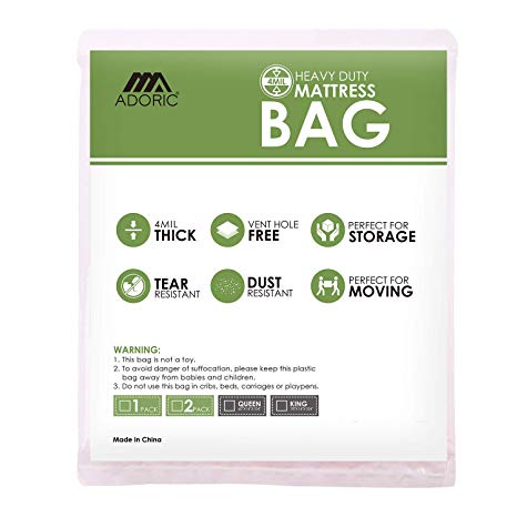 Mattress Bag for Moving & Long-Term Storage - Adoric 4 Mil Heavy Duty Waterproof Mattress Cover | Plastic Wrap Protector Fits Queen Size