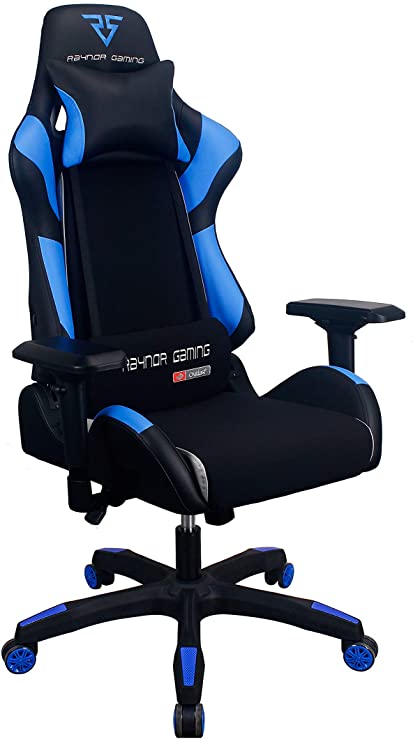 Raynor Gaming Energy Pro Series Gaming Chair Ergonomic Outlast Technology High-Back Racing Style Height Adjustable 4D Armrests Mesh and PU Leather with Lumbar Support Cushion and Headrest Pillow, Blue