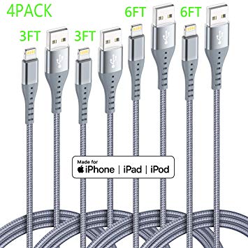 Lightning Cable iPhone Charger XnewCable 4Pack(6ft 6ft 3ft 3ft) Apple MFi Certified Nylon Braided Long Fast USB Cord Compatible for iPhone 11Pro MAX Xs XR X 8 7 6S 6 Plus SE 5S 5C (Light Gray)