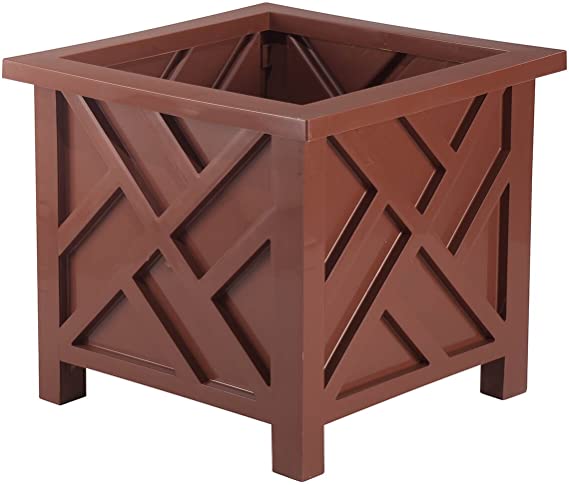 Chippendale Planter Box, Brown – Plant Holder for Garden, Patio and Lawn – 14 ¾” sq. x 13 ¼ H Overall