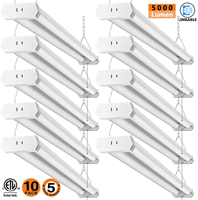 LED Shop Light for garages,4FT 5000LM,42W 6000K Daylight White,LED Ceiling Light, LED Wrapround Light, with Pull Chain (ON/Off),Linear Worklight Fixture with Plug, cETLus Listed 10PACK 60K