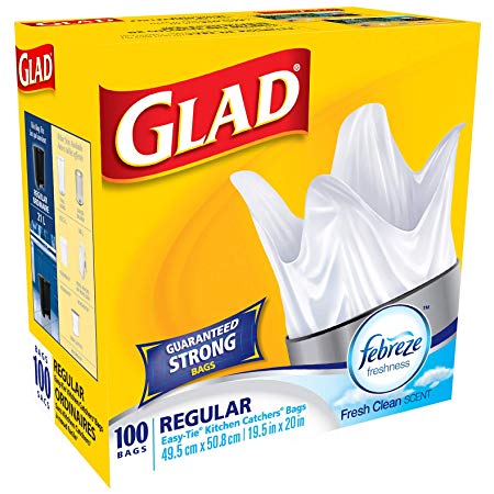 Glad White Garbage Bags - Regular 21 Litres - Easy-Tie Handles, with Febreze Freshness, 100 Trash Bags