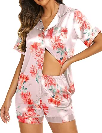 Ekouaer Womens Satin Silk Pajamas Set Short Sleeve Button Down Top and Shorts Sleepwear 2 Piece Pjs Set S-XXL