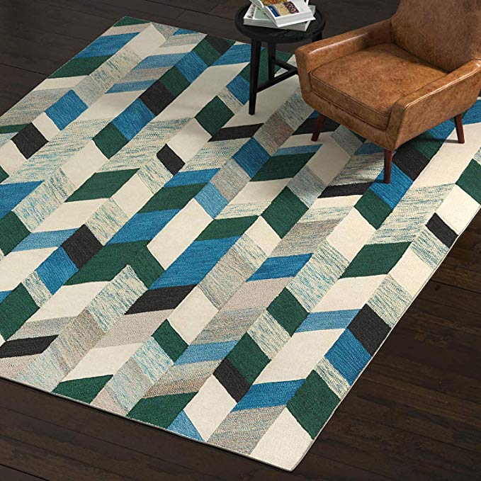 Rivet Modern Chevron Wool Rug, 8' x 10', Blue, Green, Ivory