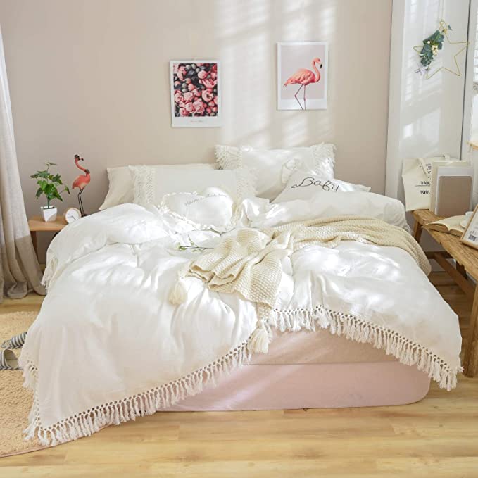 Softta White Duvet Cover Queen 3 Pcs Boho Bedding Ruffle Tassel Farmhouse Duvet Covers Fringed 100% Washed Cotton