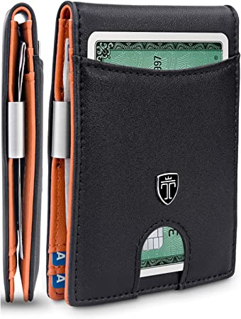 TRAVANDO Money Clip Wallet Rio - Mens Wallets Slim Front Pocket RFID Blocking Card Holder Minimalist Mini Bifold Gift Box (Black & Orange)
