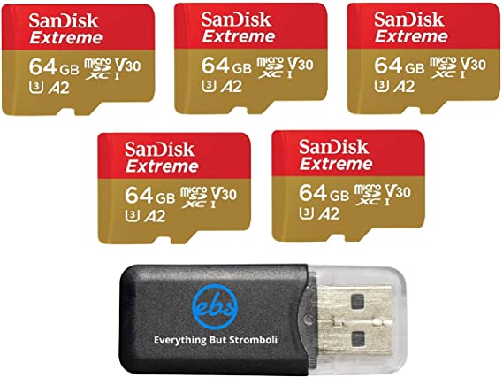 SanDisk Micro Extreme 64GB Memory Card (Five Pack) for DJI Air 2S Drone (SDSQXA2-064G-GN6MN) Bundle with (1) Everything But Stromboli MicroSD Card Reader