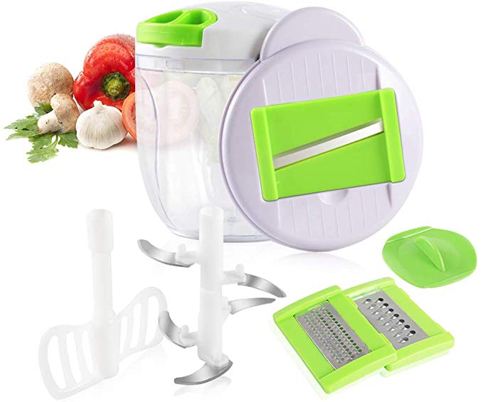 Manual Food Chopper 5 in 1 Quick Hand Pull Mixer and Mincer Blender to Chop Meat Vegetable Fruits Nuts Onions Herbs Salad Garlics for Salsa Coleslaw (900ML)