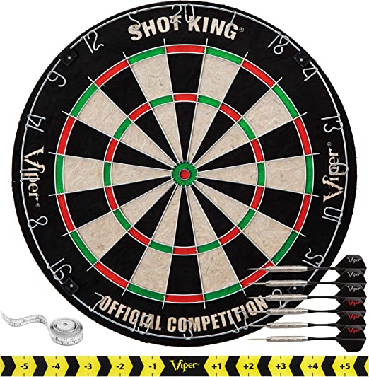 Shot King Regulation Bristle Steel Tip Dartboard Set with Staple-Free Bullseye, Galvanized Metal Radial Spider Wire Includes 6 Darts, Black, 17.75 inch