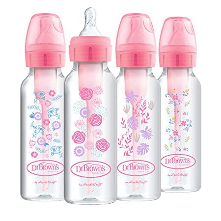Dr. Brown's Options  Baby Bottles, 8 oz/250ml, Narrow Bottle, Pink Floral Designs, 4 Pack