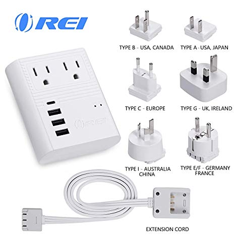 Travel Adapter Power Strip by OREI, International Plug for Worldwide Wall Charger with 3 USB   1 USB-C PD & 2 USA Input Charging Ports for Cell Phones, Laptop, Camera Chargers, CPAP, More