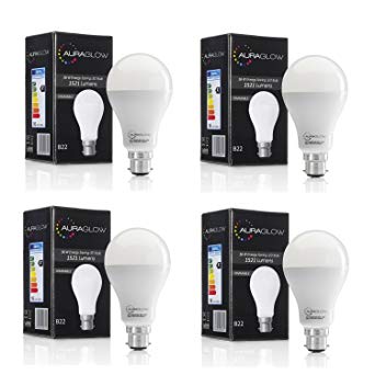 AURAGLOW Super Bright 16w LED B22 Bayonet Light Bulb, Warm White, 3000K - 1521 Lumens - 100w EQV - Dimmable - Four Pack