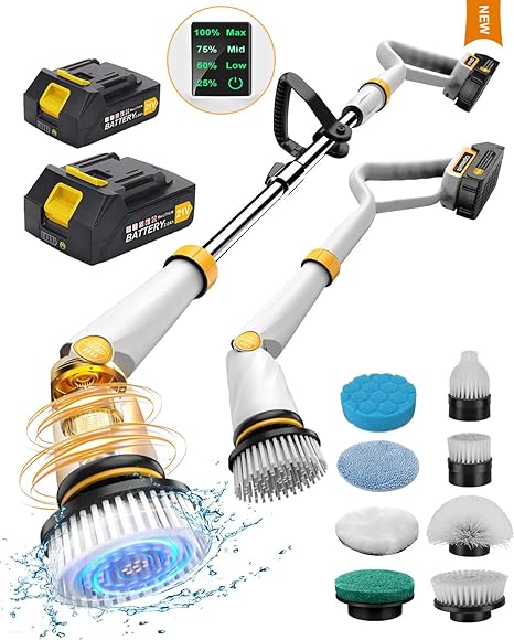 Qimedo Electric Spin Scrubber with Two Batteries Q2 Pro,1500 RPM High Power Electric Scrubber for Cleaning,Shower Cordless Cleaning Brush with Display for Tub/Tile/Floor (Effortless Handle/8 Brushes)