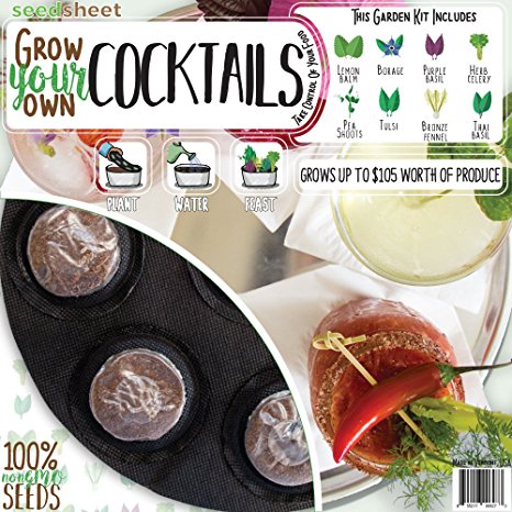 Seedsheet Grow Your Own Cocktail Garden, Pre-seeded, Organic, nonGMO, Recipe Garden Kit