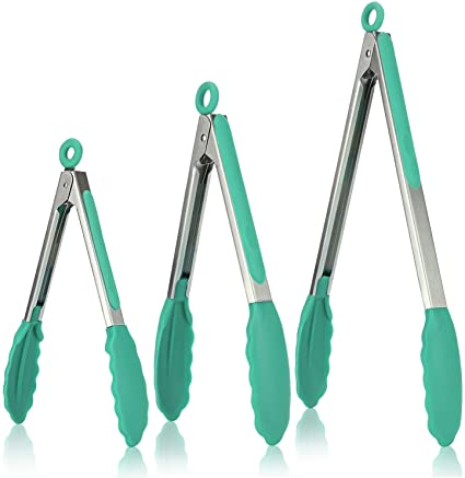 Kitchen Tongs, U-Taste 7/9/12 inches Cooking Tongs, with 600ºF High Heat-Resistant Non-Stick Silicone Tips&18/8 Stainless Steel Handle, for Food Grill, Salad, BBQ, Frying, Serving, Pack of 3(Teal)